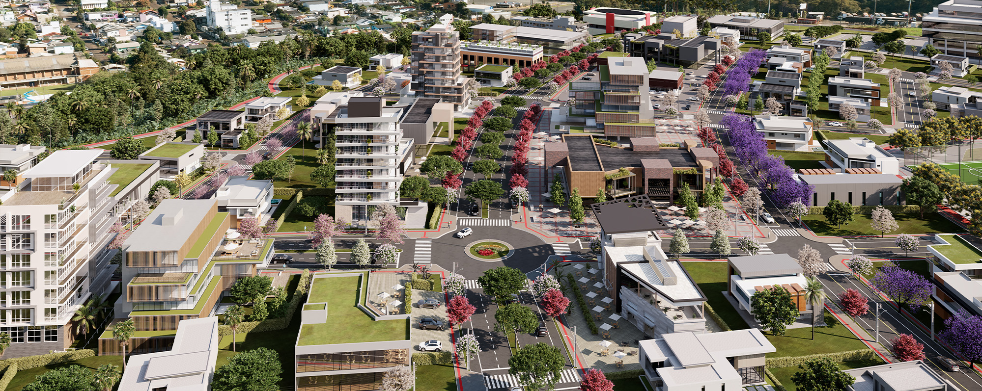 A disposição viária foi cuidadosamente planejada para beneficiar a mobilidade urbana da cidade, com acessos pela Avenida Leopoldo Sander e Avenida São Pedro, contemplando projeções da Av. Licínio Córdova sentido leste-oeste e da Rua Brusque sentido norte-sul.