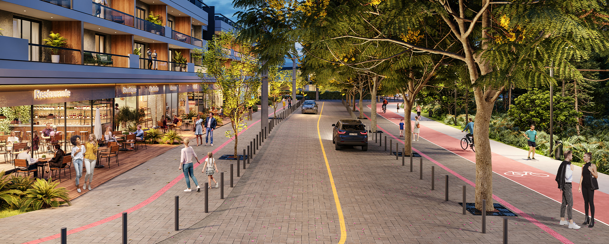 Open Street | Uma rua arborizada, situada ao lado do bosque preservado, prioriza o deslocamento dos pedestres, com amplos passeios, ciclofaixa e balizadores. A Open Street foi planejada para ser o ponto de encontro e convívio dos moradores, do bairro e da cidade, que buscam lazer, gastronomia e comércio.